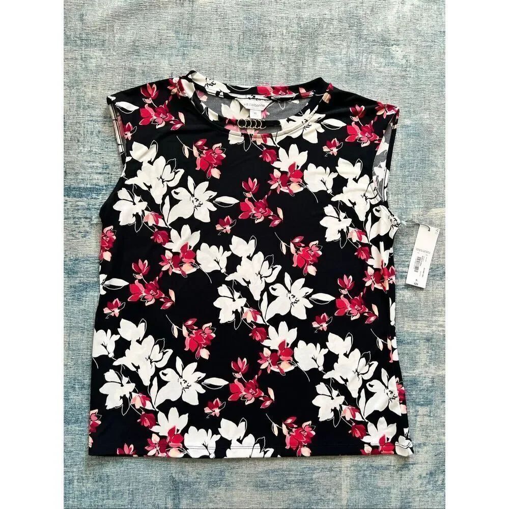 NWT! Liz Claiborne Black Red Pink White Floral Strappy Neckline Blouse XL